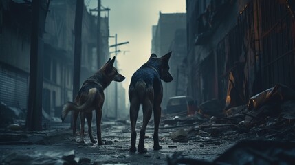 A lone, emaciated stray dog searching for food in a desolate, garbage-strewn urban alley