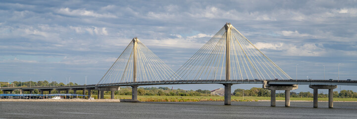 panorama of the Clark Bridge, a cable-stayed bridge across the Mississippi River between West...