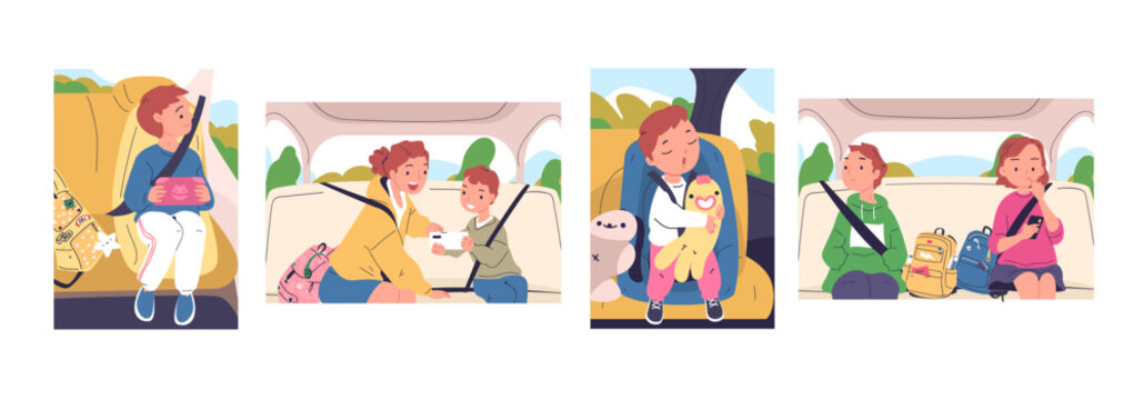 Kids inside car. Children siblings sitting in carseat or backseat with safety seatbelt, cartoon kid toddler son and daughter travel automobile transport, classy vector illustration