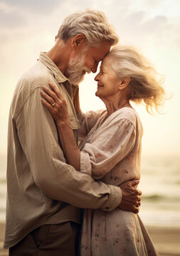 A couple of elderly people in love who have been warmed by love and care for years, a warm embrace on the shore and the wind on cold winter days.