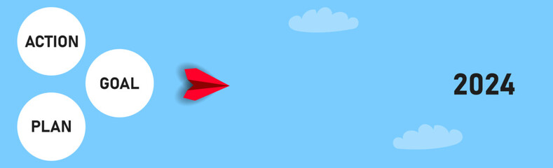 Red plane going towards target, plan, action.2024 annual plan idea concept.Business creativity new idea discovery innovation
