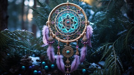 An ornate dream catcher with amethyst and turquoise stones amidst a backdrop of whispering pine trees. - obrazy, fototapety, plakaty