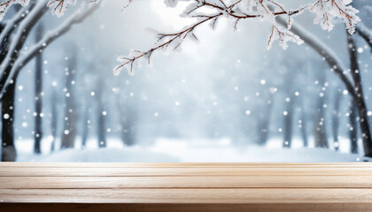Winter background and wooden table. Beautiful winter scene.