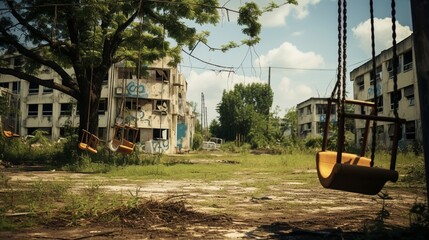 A patch of empty playground with overgrown weeds and rusty swings, highlighting the lack of play opportunities for underprivileged children - obrazy, fototapety, plakaty
