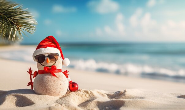 Smiling sandy snowman in red santa hat on the sea beach, x-mas travel design background, Christmas decoration, Happy New Year, holiday,vacation, love of the season, space for text