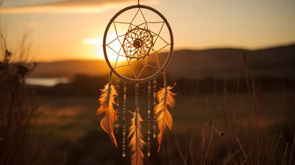 A copper-hued dream catcher during the golden hour, its metallic sheen complementing the setting sun. - obrazy, fototapety, plakaty