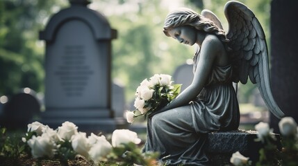 Image with background and place for caption and fragment of tragic sad angel statue at the cemetery. Funeral ceremony - obrazy, fototapety, plakaty