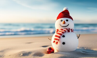 Smiling sandy snowman in red santa hat on the sea beach, x-mas travel design background, Christmas...