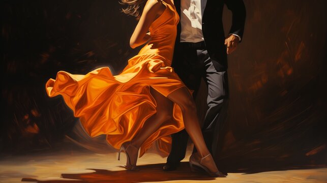 the climax of a tango spin, the lady's legs captured in a swift, elegant motion