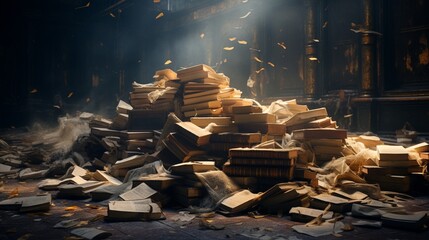 A stack of tattered and torn books in a neglected public library with dust and cobwebs - obrazy, fototapety, plakaty