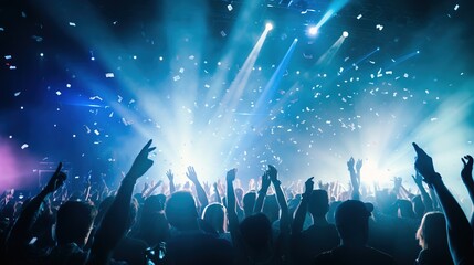 Fototapeta na wymiar Live, rock concert, party, festival night club crowd cheering, stage lights and confetti falling. Cheering crowd. Blue lights