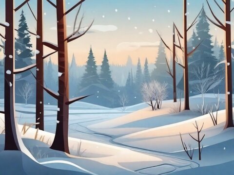 winter snowy forest scenery with mountain on horizon, snowflakes frame 