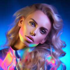 Naklejka premium A beautiful woman with a weak expression in vivid colors, dressed in a neon winter jacket.