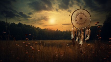 A dream catcher in a meadow, a silent sentinel amidst the chorus of crickets. - obrazy, fototapety, plakaty