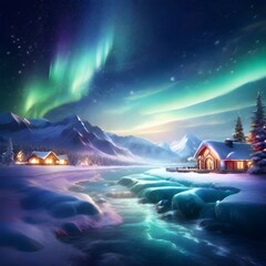 A breathtaking polar lights picture against a backdrop of pristine, snow-covered mountains, where nature's ethereal display meets the serene winter landscape, generative ai