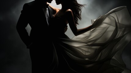 the silhouette of a couple in a dance, the woman's layered chiffon gown flowing around them