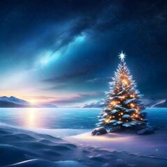 A polar lights picture illuminates snow-covered mountains, while a majestic Christmas tree in the foreground adds a touch of festive enchantment to the serene winter landscape, generative ai