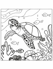 cute coloring book for kids sea turtle swimming in water