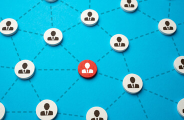 Red highlighted person in the network. Working relationships and involvement in work. Participation in a common project. Communication and cooperation.