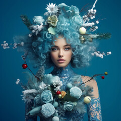 Naklejka premium Abstract retro portrait of a woman with a decorated Christmas tree instead of hair. The concept of New Year's charms.