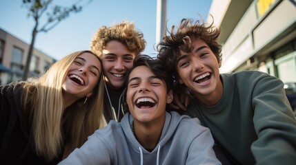 Cheerful teenage friends from different countries take selfies while walking around the city. Concept of friendship, communication, happy memories