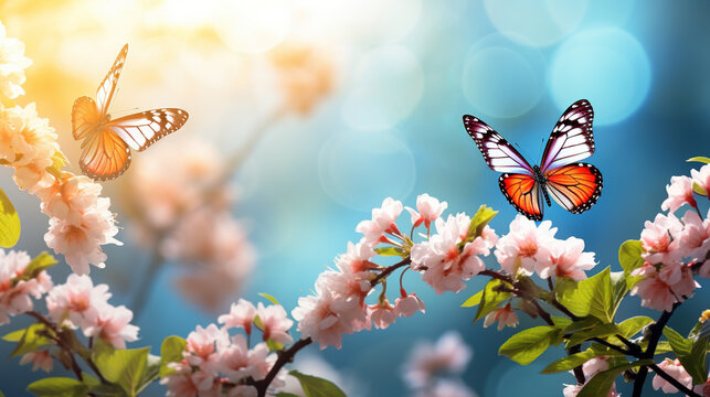 Spring beautiful background of butterflies and flowers, selective focus against blue sky. Copy space