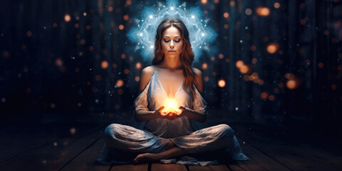 Meditating Woman Surrounded by Magic Lights Abstract Positive Energy. Copy Space Background Banner - obrazy, fototapety, plakaty