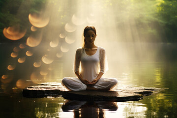 Woman in Lotus Position Meditating in Nature in Sun Beams on Rock in Water