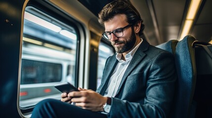 Fototapeta na wymiar Businessman with smartphone travelling by train.
