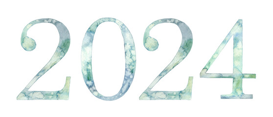 Watercolor hand drawn lettering isolated. Handwritten message vertical. Numbers date year 2024. Can be used as a print, for cards, banner or poster.