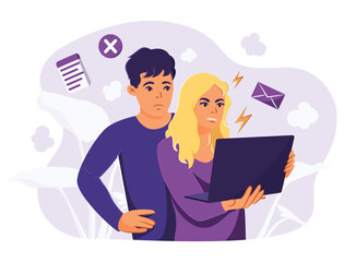 Angry woman and man received shocking news and feeling emotional and terrified. Family distrust concept. Flat Vector Illustration