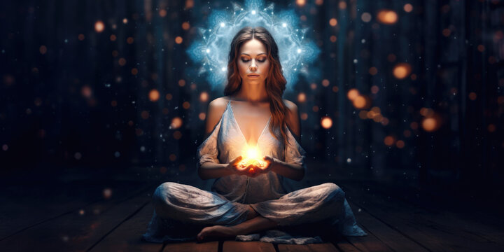 Meditating Woman Surrounded by Magic Lights Abstract Positive Energy. Copy Space Background Banner