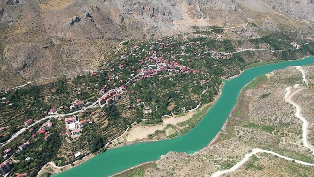 Valley view of Kemaliye town. View of the old Kemaliye houses and the Euphrates River. Erzincan