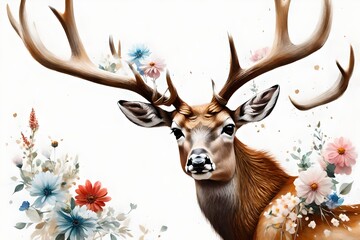 A painting of a deer with antlers with flowers with white background 
