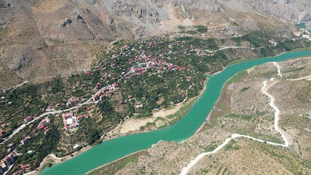 Valley view of Kemaliye town. View of the old Kemaliye houses and the Euphrates River. Erzincan