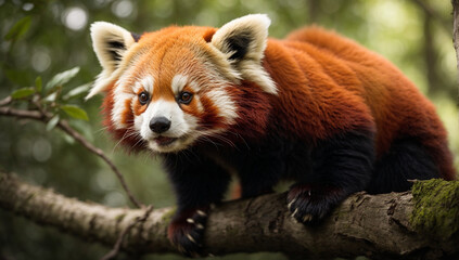 Obraz premium An image of a curious and friendly red panda perched on a tree branch - AI Generative