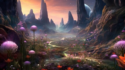 A surreal garden of iridescent wildflowers, set against a backdrop of towering, alien rock formations on an alien world.