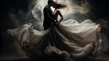 the silhouette of a couple in a dance, the woman's layered chiffon gown flowing around them