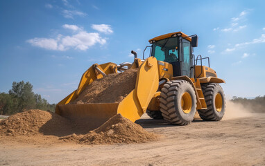 Fototapeta premium A large yellow wheel loader is loading a pile of gravel