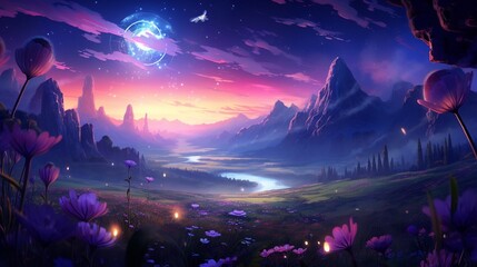 A surreal meadow of neon violets, stretching as far as the eye can see, with a surreal, alien moonrise in the distance.