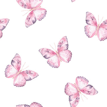 Watercolor seamless pattern with pink butterflies © Daria