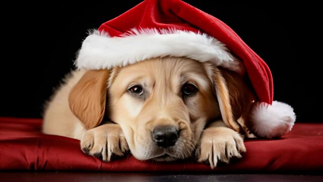 Funny dog in Santa Claus hat looking at the camera. Concept of celebrating Christmas and New Year. AI generated animation. High quality 4k footage