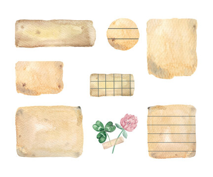 Watercolor set with note Stickers and clover. Brown adhesive tape, washi tape, scotch for Herbarium. Paper tearing effect sticker, kraft paper sheets texture background