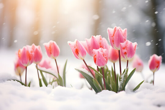 Pink tulip spring flowers blooming between snow during late winter or early spring