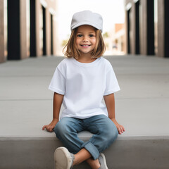 Lifestyle style photo of a 3 year old girl, full body photo, shot below eye level, girl is wearing an oversized blank white T-shirt crewneck 
