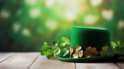 Happy St.Patriks day. Composition with clover leaves and leprechaun hat.