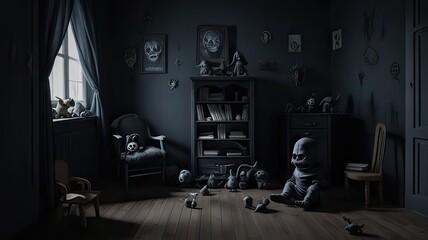 A scary children's room with paranormal phenomena, a room of fear and horror.