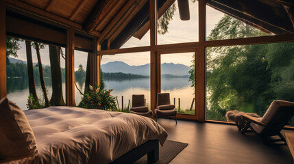 Fototapeta na wymiar Eco-lodge hotel interior with lake view