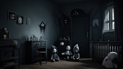 Fototapeta na wymiar A scary children's room with paranormal phenomena, a room of fear and horror.