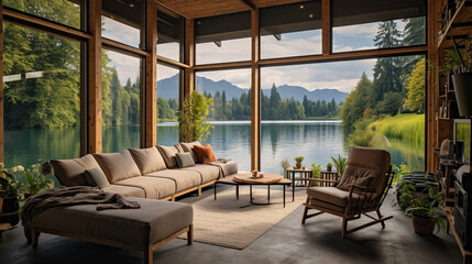 Eco-lodge hotel interior with lake view